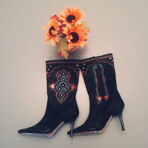 Black leather hand painted heeled boots